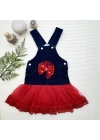 2-3-4 Yaş Fiyonklu Düğme Detaylı Tül Etek Kot Kumaş Salopet Kız Çocuk Elbisesi Lacivert-kırmızı