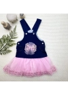 2-3-4 Yaş Fiyonklu Düğme Detaylı Tül Etek Kot Kumaş Salopet Kız Çocuk Elbisesi Lacivert-pembe