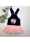 2-3-4 Yaş Fiyonklu Düğme Detaylı Tül Etek Kot Kumaş Salopet Kız Çocuk Elbisesi Lacivert-pudra