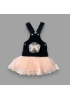 2-3-4 Yaş Fiyonklu Düğme Detaylı Tül Etek Kot Kumaş Salopet Kız Çocuk Elbisesi Siyah-pudra