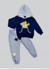 2-3-4 Yaş Pelüş Ayı Desenli Kapşonlu Uzun Kollu Penye Sweat 2li Erkek Çocuk Takımı Lacivert