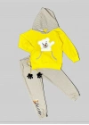 2-3-4 Yaş Pelüş Ayı Desenli Kapşonlu Uzun Kollu Penye Sweat 2li Erkek Çocuk Takımı Sarı