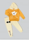 2-3-4 Yaş Pelüş Ayı Desenli Kapşonlu Uzun Kollu Penye Sweat 2li Erkek Çocuk Takımı Turuncu
