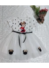 2-3-4 Yaş Puantiyeli Mickey Baskılı Kurdela Kuşaklı Astarlı Kız Bebek Tütü Elbisesi Beyaz