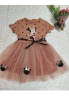 2-3-4 Yaş Puantiyeli Mickey Baskılı Kurdela Kuşaklı Astarlı Kız Bebek Tütü Elbisesi Kahverengi