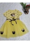 2-3-4 Yaş Puantiyeli Mickey Baskılı Kurdela Kuşaklı Astarlı Kız Bebek Tütü Elbisesi Sarı