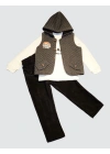 3-4-5 Yaş Fitilli Kadife Pantolon Kapitone Kapşonlu Yelek Uzun Kollu Sweat 3lü Erkek Çocuk Takımı Füme