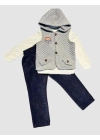 3-4-5 Yaş Fitilli Kadife Pantolon Kapitone Kapşonlu Yelek Uzun Kollu Sweat 3lü Erkek Çocuk Takımı Gri