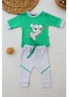 3-6 6-9 9-12 12-18 Ay Yavru Koala Nakışlı Uzun Kollu Sweat 2li Kız Erkek Bebek Takımı Yeşil
