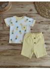 3-6 6-9 9-12 Ay Ananas Baskılı Şort Tişört 2 Li Kız Erkek Bebek Takımı Sarı