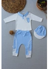 3-6 6-9 9-12 Ay Efendi Nakışlı Cep Şapkalı Uzun Kollu Sweat 3lü Erkek Bebek Takımı Mavi
