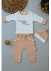 3-6 6-9 9-12 Ay Full Star Nakışlı Şapkalı Uzun Kollu Sweat 3lü Erkek Bebek Takımı Buğday