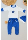 3-6 6-9 9-12 Ay Full Star Nakışlı Şapkalı Uzun Kollu Sweat 3lü Erkek Bebek Takımı İndigo