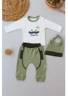 3-6 6-9 9-12 Ay Gentleman Erkek Nakışlı Şapkalı Uzun Kollu Sweat 3lü Erkek Bebek Takımı Yeşil