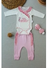 3-6 6-9 9-12 Ay Hello Nakışlı Kruvaze Bandanalı Uzun Kollu Zıbınlı 3lü Kız Bebek Takımı Pembe
