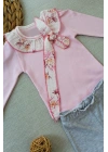 3-6 6-9 9-12 Ay Matmazel Yaka Fırfır Detaylı Bandanalı Uzun Kollu Sweat 3lü Kız Bebek Takımı Pembe