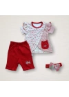 3-6 6-9 9-12 Ay Melek Kız Nakışlı Bandanalı Kısa Kollu Sweatli Şortlu 3lü Kız Bebek Takımı Kırmızı