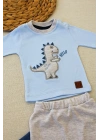 3-6 6-9 9-12 Ay Minik Dino Nakışlı Şapkalı Uzun Kollu Sweat 3lü Kız-erkek Bebek Takımı Mavi