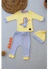 3-6 6-9 9-12 Ay Minik Dino Nakışlı Şapkalı Uzun Kollu Sweat 3lü Kız-erkek Bebek Takımı Sarı