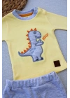3-6 6-9 9-12 Ay Minik Dino Nakışlı Şapkalı Uzun Kollu Sweat 3lü Kız-erkek Bebek Takımı Sarı