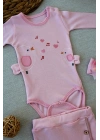 3-6 6-9 9-12 Ay Şarkıcı Kuşlar Nakışlı Bandanalı Uzun Kollu Zıbınlı 3lü Kız Bebek Takımı Pembe