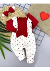 3-6-9-12 Ay Bandanalı Fiyonk Detaylı Salopet Görünümlü Kalp Desenli 2li Kız Bebek Tulumu Kırmızı