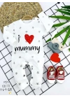 3-6-9-12 Ay Gümüş Yıldız I Love Mummy Baskılı Uzun Kollu Kız Erkek Bebek Tulumu Beyaz