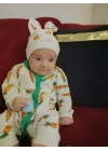 3-6-9-12 Ay Kulaklı Şapkalı Havuç Baskılı Boydan Çıtçıtlı Uzun Kollu Kız Erkek Bebek Tulumu Beyaz