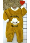 3-6-9-12 Ay Kuzu Tüylü Kumaş Annesinin Kuzusu Nakışlı Alttan Çıtçıtlı Kız Erkek Bebek Tulumu Hardal