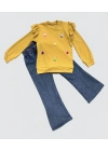 4-5-6 Yaş Kot Pantolonlu Flamingo Desenli Penye Sweat Uzun Kollu 2li Kız Çocuk Takımı Hardal
