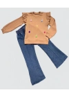 4-5-6 Yaş Kot Pantolonlu Flamingo Desenli Penye Sweat Uzun Kollu 2li Kız Çocuk Takımı Kahverengi