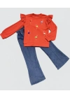4-5-6 Yaş Kot Pantolonlu Flamingo Desenli Penye Sweat Uzun Kollu 2li Kız Çocuk Takımı Kırmızı