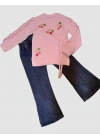 4-5-6 Yaş Kot Pantolonlu Kiraz Desenli Penye Sweat Uzun Kollu 2li Kız Çocuk Takımı Pembe