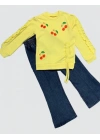 4-5-6 Yaş Kot Pantolonlu Kiraz Desenli Penye Sweat Uzun Kollu 2li Kız Çocuk Takımı Sarı