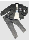 4-5-6 Yaş Kot Pantolonlu Pilot Mont Uzun Kollu Penye Sweat 3lü Erkek Çocuk Takımı Füme