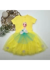 5-6-7 Yaş Elsa Desenli Fiyonklu Tül Etekli Astarlı Kısa Kollu Kız Çocuk Tütü Elbise Sarı