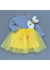 5-6-7 Yaş Pelüş Tavşan Desenli Kurdela Kuşaklı Astarlı Kız Çocuk Tütü Elbise Sarı