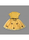 5-6-7 Yaş Puantiyeli Kelebek Etekli Astarlı Kız Çocuk Elbisesi Hardal