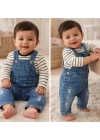 6-18 Ay Çizgili Badili Kot Salopet Bebek Takımı