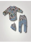 6-9 12-18 18-24 Ay Power Kedi Nakışlı Uzun Kollu Sweat Şapkalı 3lü Kız Erkek Bebek Takımı Mavi