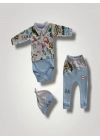 6-9 12-18 18-24 Ay Power Kedi Nakışlı Uzun Kollu Zıbınlı Şapkalı 3lü Kız Erkek Bebek Takımı Mavi