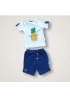 6-9 9-12 12-18 Ay Ananas Nakışlı Kısa Kollu Sweatli Şortlu 2li Kız-erkek Bebek Takımı Mavi