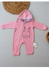 6-9 9-12 Ay Ef Çizgi Boy Fermuarlı Tavşan Nakışlı Kapşonlu Kız Erkek Bebek Tulumu Pembe