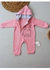 6-9 9-12 Ay Ef Çizgi Boy Fermuarlı Tavşan Nakışlı Kapşonlu Kız Erkek Bebek Tulumu Pembe