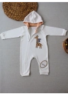 6-9 9-12 Ay Ef Çizgi Boy Fermuarlı Zürafa Nakışlı Kapşonlu Kız Erkek Bebek Tulumu Ekru