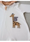 6-9 9-12 Ay Ef Çizgi Boy Fermuarlı Zürafa Nakışlı Kapşonlu Kız Erkek Bebek Tulumu Ekru