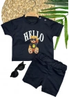 9-12-18-24 Ay Hello Gözlüklü Ayıcık Baskılı Şortlu Kısa Kollu Tişört 2li Erkek Bebek Takımı