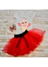 9-12-18 Ay Toka Hediyeli Kuş Desenli Tişört Tütü Etek 2li Kız Bebek Takımı Kırmızı