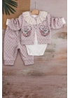 Brode İşlemeli Kalp Desenli 3lü Hırkalı Kız Bebek Takım