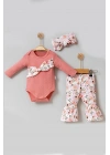 Çiçek Desenli Fiyonklu 3lü Kız Bebek Takım